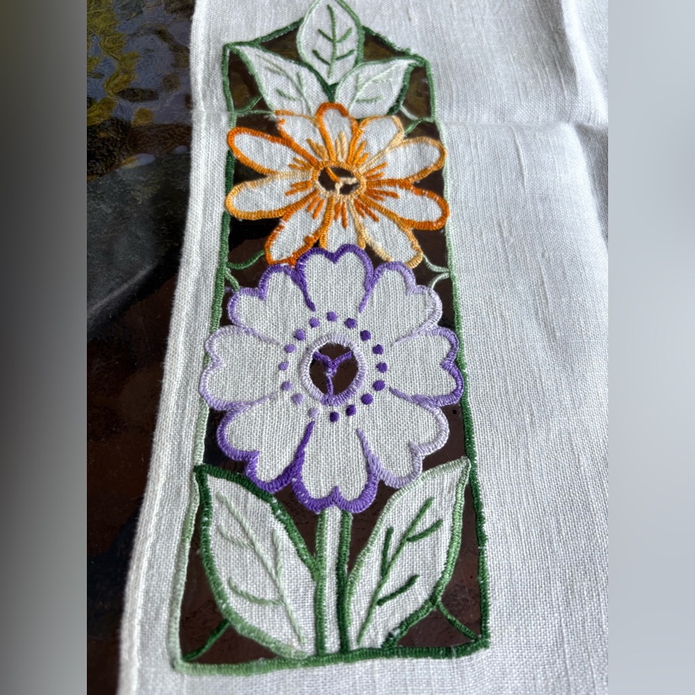 Vintage Floral Cutwork Embroidery Beige Linen, orange purple flower table runner